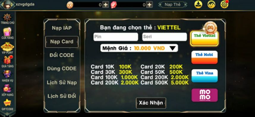 Nạp tiền vào tài khoản Ga6789 của bạn bằng thẻ game - Ga6789